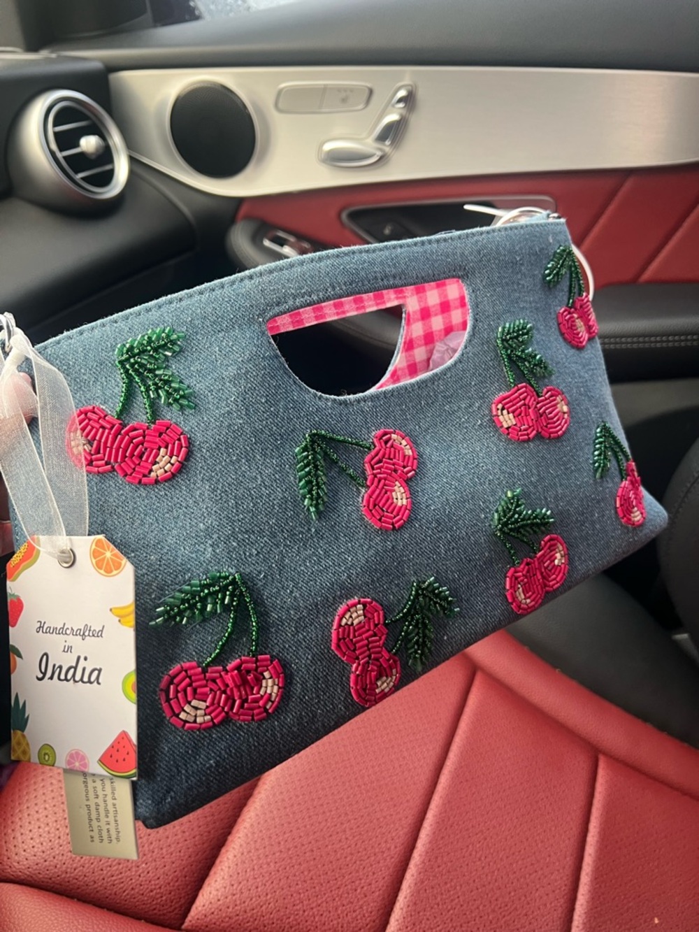 BEADED CHERRIES DENIM HANDBAG w/CHARM